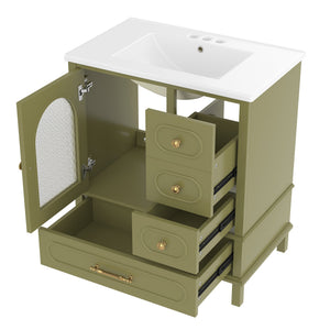 English Elm 30" Freestanding Bathroom Vanity Solid Wood Cabinet Ceramic Basin 3 Drawer Storage Green W1580P382512