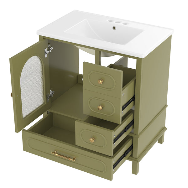English Elm 30" Freestanding Bathroom Vanity Solid Wood Cabinet Ceramic Basin 3 Drawer Storage Green W1580P382512