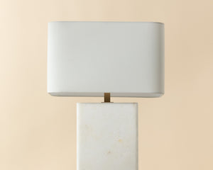 Sunpan Rovira Table Lamp - Hand-Carved Alabaster Elegance with Brushed Gold Base & Soft Linen Shade Glow