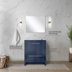 English Elm Navy Blue Bath Vanity With Cultured Marble Top, Chrome Faucet & 28-Inch Mirror For Small Spaces B2731S02047