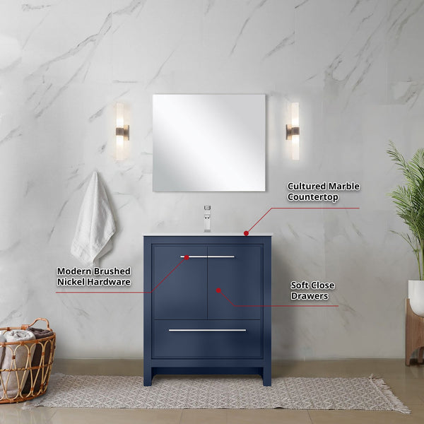 English Elm Navy Blue Bath Vanity With Cultured Marble Top, Chrome Faucet & 28-Inch Mirror For Small Spaces B2731S02047