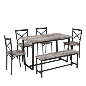 English Elm 6-Piece Dining Set with Metal Frame and MDF Tabletop, Sturdy Bench & Chairs, Modern Compact Design Gray W578P333489