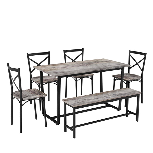 English Elm 6-Piece Dining Set with Metal Frame and MDF Tabletop, Sturdy Bench & Chairs, Modern Compact Design Gray W578P333489