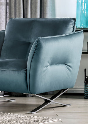 English Elm Teal Velvet Accent Chair with Biscuit Tufting, Chrome X Legs, High-Density Foam, Modern Luxe B2741S00592