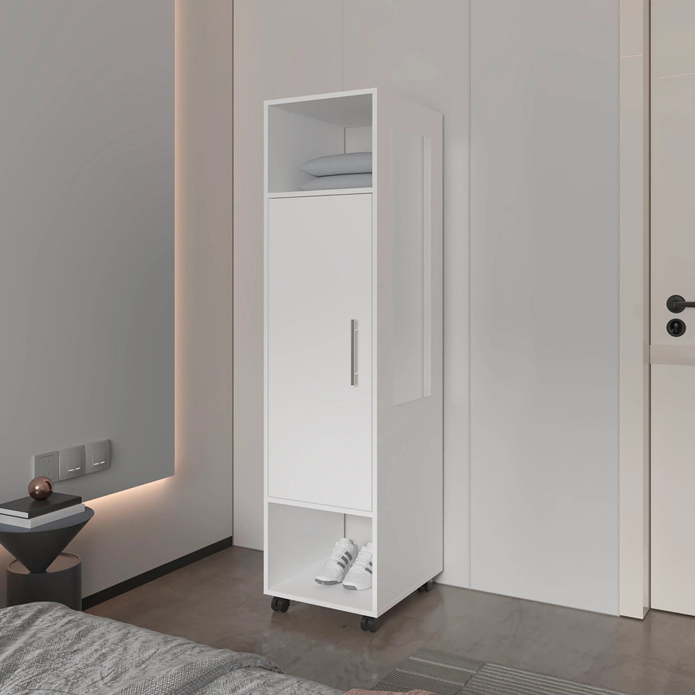 English Elm White 1-Door Wardrobe with Mirror, Melamine Finish, Slim Open Shelves & Concealed Storage for Chic Organization B062P227644