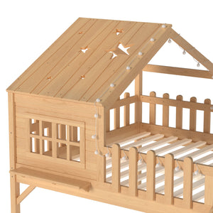 English Elm Twin Playhouse Loft Bed Solid Pine Frame with Slide Led Lights and Star Roof Natural W5316S00005