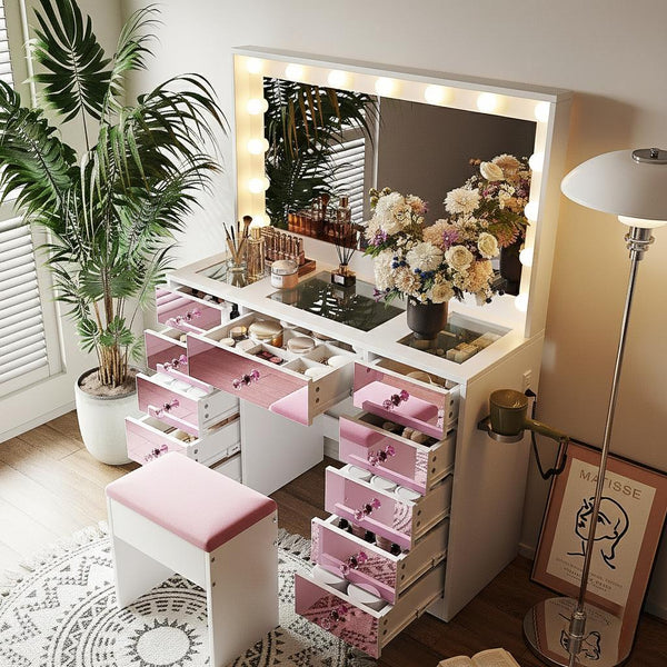 English Elm Makeup Vanity Desk Set with Hollywood Led Mirror Cushioned Stool and Crystal Drawer Pulls N704P340230K
