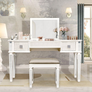 English Elm Mirrored Vanity Desk with Drawers and Flip-Up Mirror, Silver PU Stool, Crystal Knobs, Storage Elegance W2170P209976
