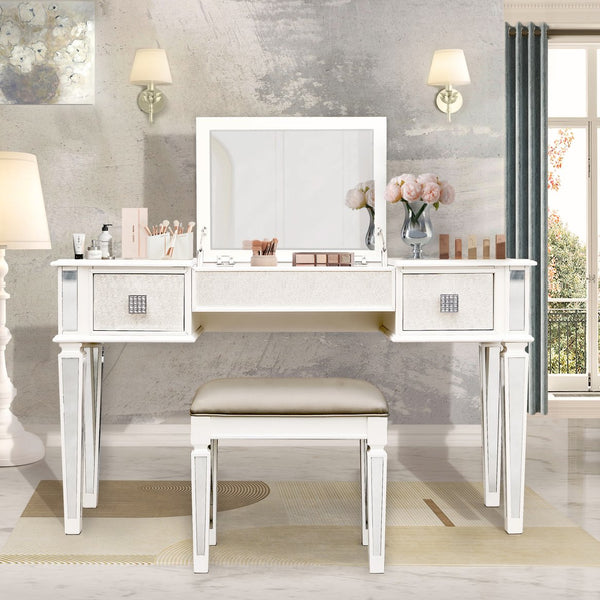 English Elm Mirrored Vanity Desk with Drawers and Flip-Up Mirror, Silver PU Stool, Crystal Knobs, Storage Elegance W2170P209976