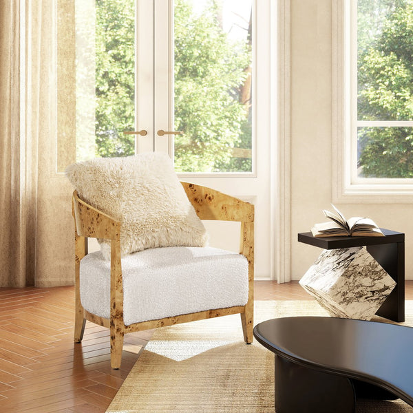 English Elm Jennifer Taylor Home - Madrid Luxurious Burl Wood Barrel Accent Chair in Seashell White Chenille — Cozy, Durable, Stylish Accent B2719P238278