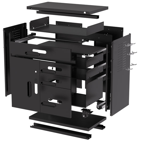 English Elm 34.3" Rolling Steel Workshop Cabinet with 3 Drawers Lockable Doors and Pegboard Sides W2735P428817