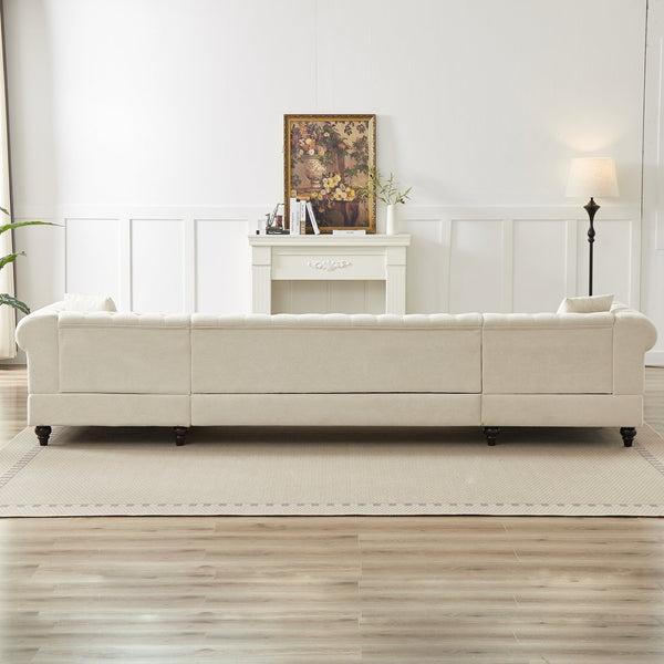 English Elm 135.5-inch Modern Chenille U-Shaped Sectional Sofa with Dual Chaise, Pull-Point Detail, Pillows, Wooden Legs Beige W1926S00045