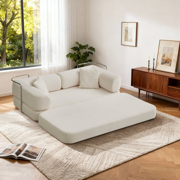 English Elm Floor Floor Couch Convertible 5-in-1 Corduroy Sofa Bed with Pillow-to-Blanket, Reinforced Frame Cream W3565P354961