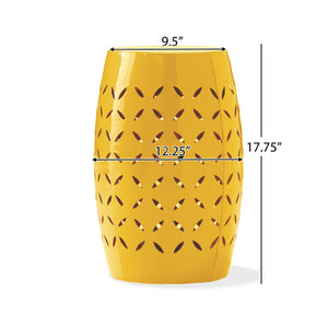 English Elm 12" Outdoor Iron Accent Table Lace Cut Barrel Design Perforated Metal Patio Side Yellow N773P365595Y