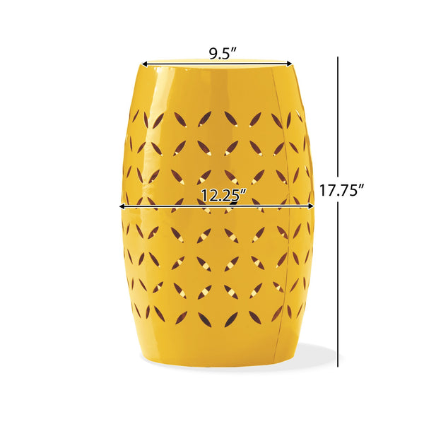 English Elm 12" Outdoor Iron Accent Table Lace Cut Barrel Design Perforated Metal Patio Side Yellow N773P365595Y