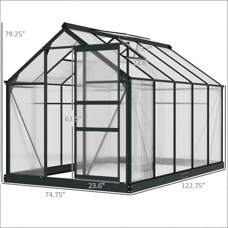 English Elm Walk-in Outdoor Greenhouse Polycarbonate Panels Aluminum Frame Uv Protection Rooftop Vent T3971S00158