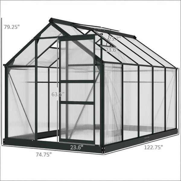 English Elm Walk-in Outdoor Greenhouse Polycarbonate Panels Aluminum Frame Uv Protection Rooftop Vent T3971S00158