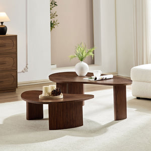 English Elm 2-piece Asymmetrical Nesting Coffee Table Set Sculptural Mdf Organic Shapes Living Room Walnut W2582P402268