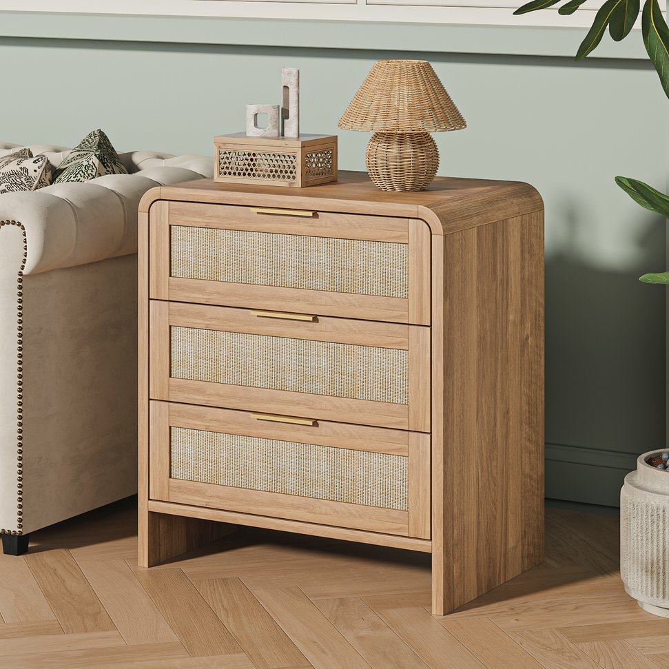 English Elm Rattan Drawer Nightstand Set with Built-in Charging Station and Open Shelf Bedroom Storage Caramel W1820P410559