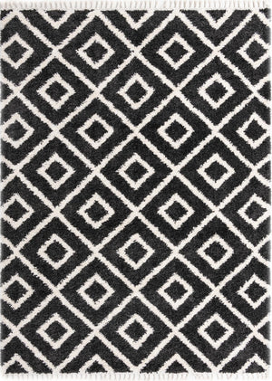 Unique Loom Hygge Shag Diamond Machine Made Geometric Rug Black and White,  9' 0" x 12' 2"