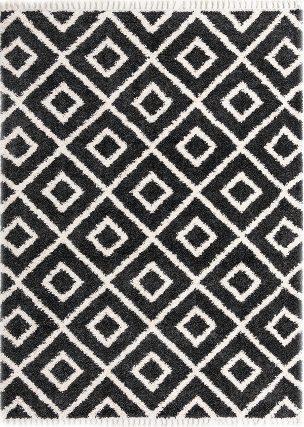 Unique Loom Hygge Shag Diamond Machine Made Geometric Rug Black and White,  9' 0" x 12' 2"