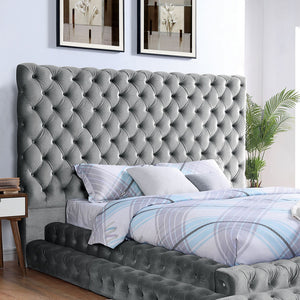 English Elm Contemporary Gray Flannelette King Bed Tufted Tall Headboard Glam Platform Frame B2741S00817