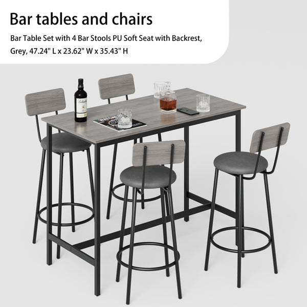 English Elm Bar Table Set With 4 Cushioned Stools, Grey Finish, Space-Saving Design For Modern Dining Areas W3361P323225