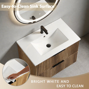 English Elm 30 Inch Floating Bathroom Vanity Fluted Wood Grain Front with Ceramic Integrated Sink W3520S00044