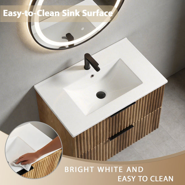 English Elm 30 Inch Floating Bathroom Vanity Fluted Wood Grain Front with Ceramic Integrated Sink W3520S00044