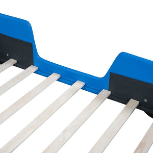 English Elm Twin Race Car-Shaped Platform Bed with Safety Rails and Sturdy Slats for Kids’ Room Comfort Blue SF000127AAC