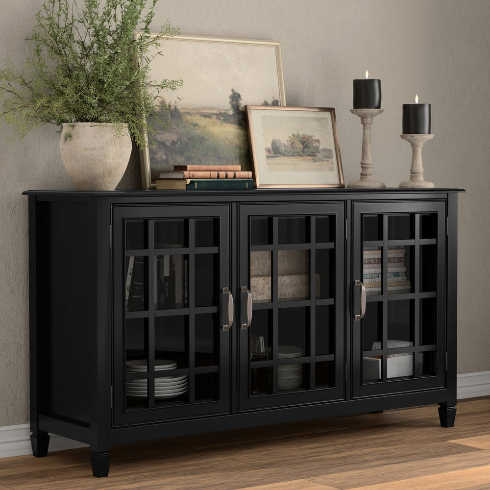 English Elm Connaught Solid Wood Buffet with Glass Doors Bronze Hardware Heritage Dining Storage Black B136P436040