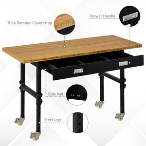 English Elm HOMCOM 59" Work Bench with Bamboo Top, Height Adjustable 10-Setting Mobile Workstation 1320lb W2225P217940