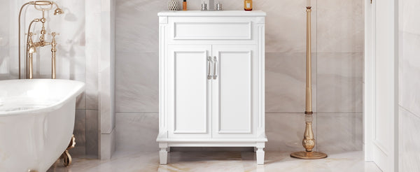 English Elm 24'' Bathroom Vanity with Sink - Solid Wood Frame, Glossy Ceramic Basin, Soft-Close Doors & Ample Storage Elegant Modern Design, Durable MDF Construction, Retro Metal Handles, Compact 24-inch Cabinet White N710P317675K
