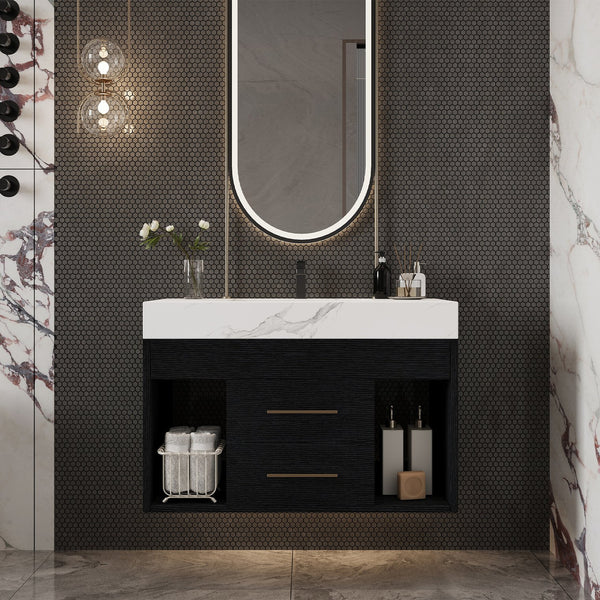 English Elm 29.9" Floating Bathroom Vanity Sintered Stone Top Soft Close Drawers Bronze Gold Hardware W3136S00038