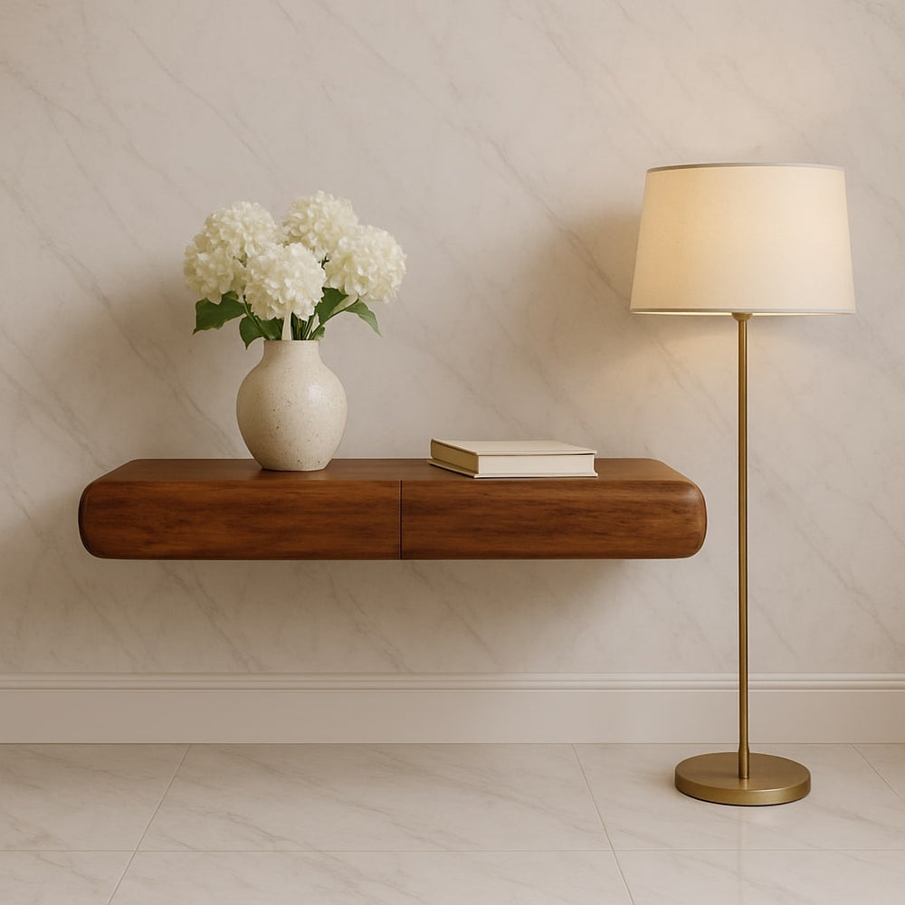 English Elm Artisan Solid Mango Wood Wall Mounted Console Table Amber Oak Entryway Shelf B182P436799