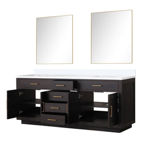 English Elm Black Oak Double Bath Vanity Set With White Quartz Top & 36-Inch Frameless Mirrors For Elegant Style B2731S02144