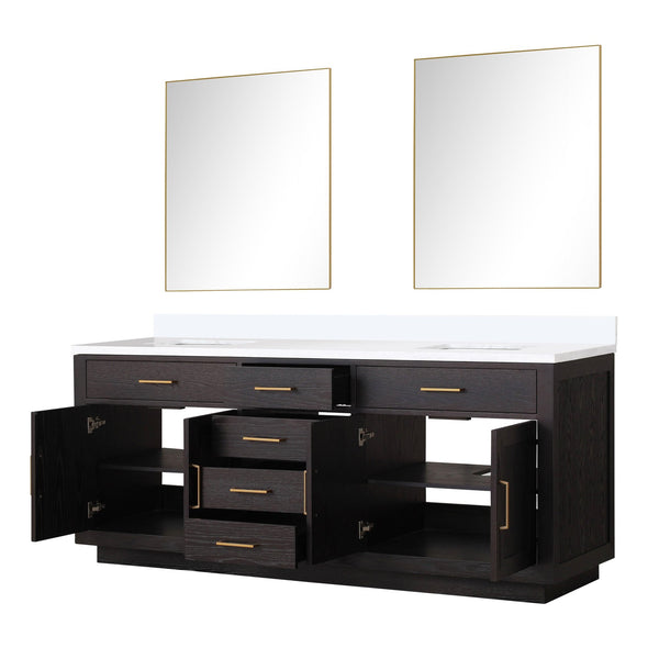 English Elm Black Oak Double Bath Vanity Set With White Quartz Top & 36-Inch Frameless Mirrors For Elegant Style B2731S02144