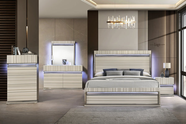 English Elm Leonor Queen Bedroom Set with Led Lighting Gray Wood Five Piece Modern Suite B009S02304