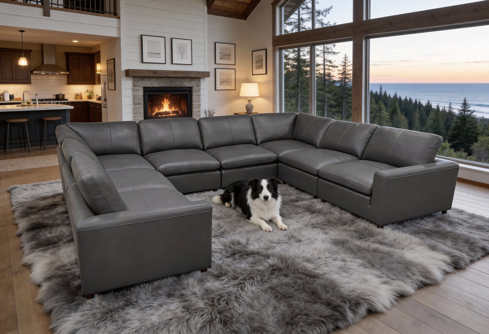 English Elm Leather Match Modular Sectional Sofa with Top Grain Upholstery for Open Living Rooms Blue Gray B2748S00172