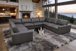 English Elm Leather Match Modular Sectional Sofa with Top Grain Upholstery for Open Living Rooms Blue Gray B2748S00172