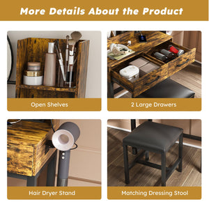 English Elm Makeup Vanity Table with LED Lights, Built-In Outlet & USB, Large Drawers, Hair Dryer Stand Brown W509P297015