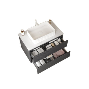 English Elm VEDO 30" Bathroom Vanity with Vessel Sink, Gray Striped Plywood Wall-Mount, Carrara Countertop, Soft-Close Drawers, Durable Ceramic Basin (Pre-Drilled) W2615S00082
