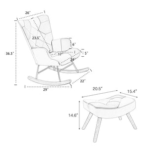English Elm Rocking Chair With Ottoman - Cozy Mid-Century Patchwork Linen Rocker For Living Room & Bedroom Comfort W561P175990-GIGA