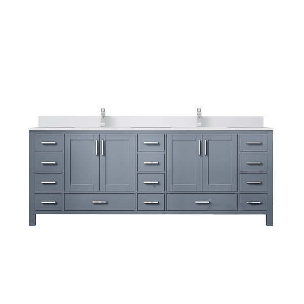 English Elm Dark Grey 84" Double Bath Vanity with White Quartz Top, 14 Drawers, Soft-Close, Chrome Faucet Set B2731P259153