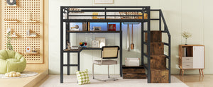 English Elm Full Size Loft Bed With Desk, Wardrobe & Led Light – Space-Saving Metal Design For Kids' Rooms! W2593S00019