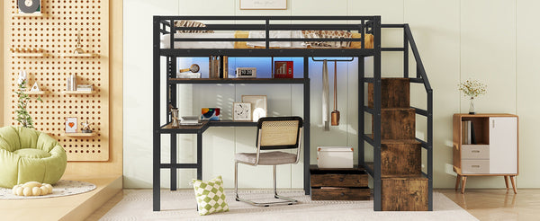 English Elm Full Size Loft Bed With Desk, Wardrobe & Led Light – Space-Saving Metal Design For Kids' Rooms! W2593S00019