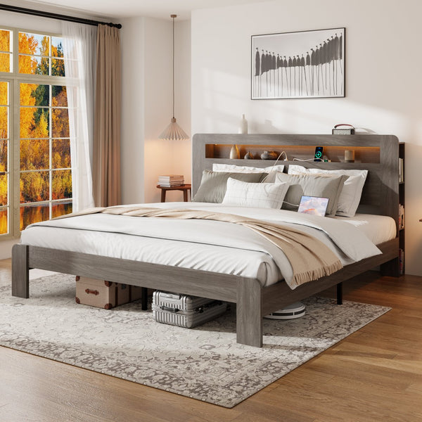English Elm Bed King Platform Frame with Led Headboard Usb Charging Open Shelf Dark Grey Wood W636P379102
