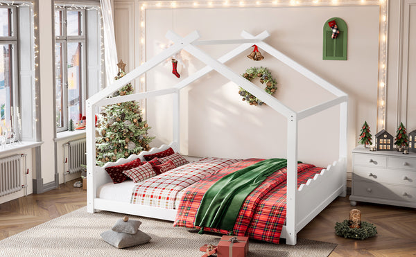 English Elm Queen House Frame Floor Bed Solid Pine Montessori Low Profile Kids Bedroom Light White W1580P387847