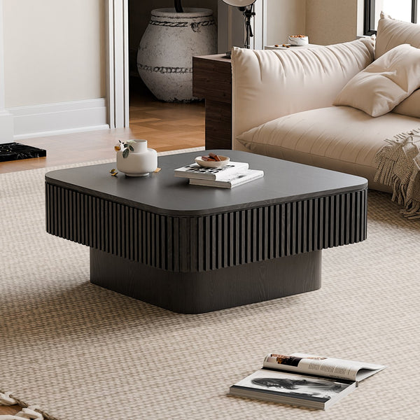 English Elm 31.5'' Square Wood Veneer Flip Top Storage Coffee Table with Slat Detail for Living Rooms Black W1435P375247