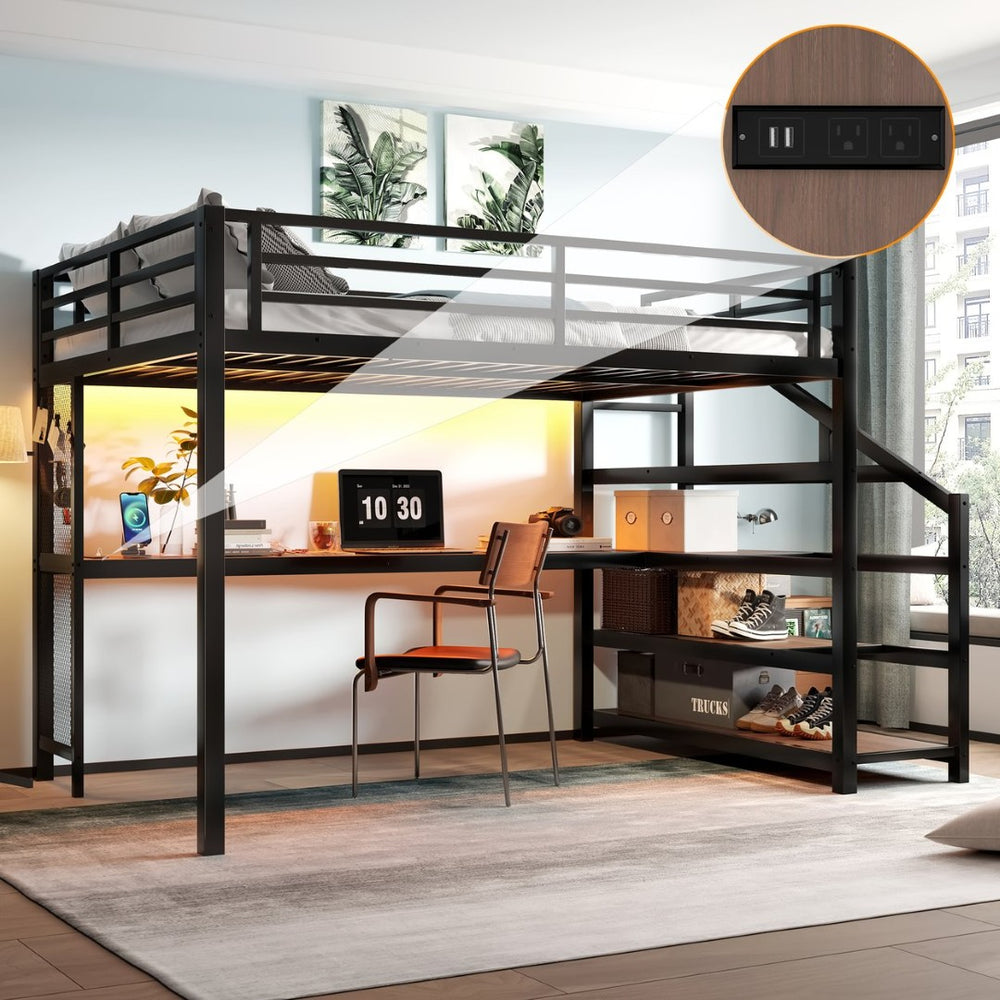 English Elm Queen Loft Bed With Desk, Storage Stairs, Led Lights & Usb Ports – Perfect For Modern Living Spaces! W1580S00477-GIGA